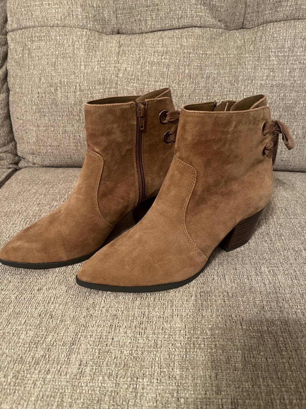 Women's faux Suede Ankle Boots in Brown - Mid Heel, Side Zip